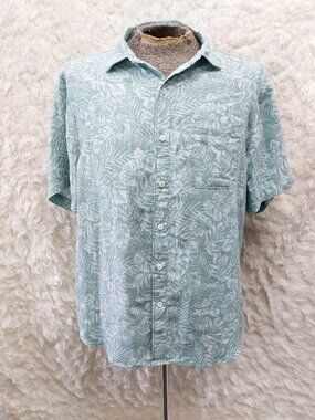 Tommy Bahama Hawaiian Shirt Mens Tencel Blend Blue Tropical Leaf Size L